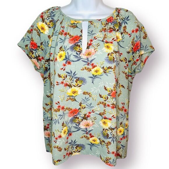 Fun2Fun Floral Flutter Sleeve Cutout Back Blouse Muted Green Multicolor M - Picture 1 of 11